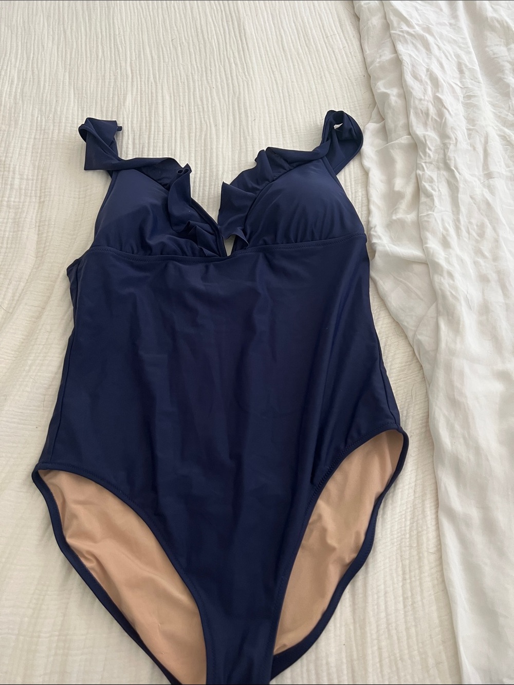 J Crew Navy Blue One-Piece Swimsuit with Ruffle Straps